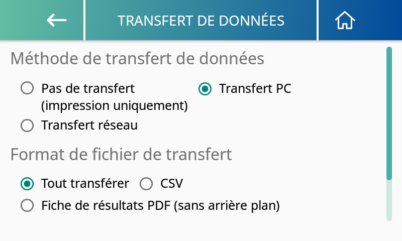 Paramètres de transfert de données MA601